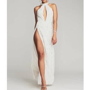 Retrofete Prima White Sequin Halter Neck High Slit Long Maxi Dress Gown